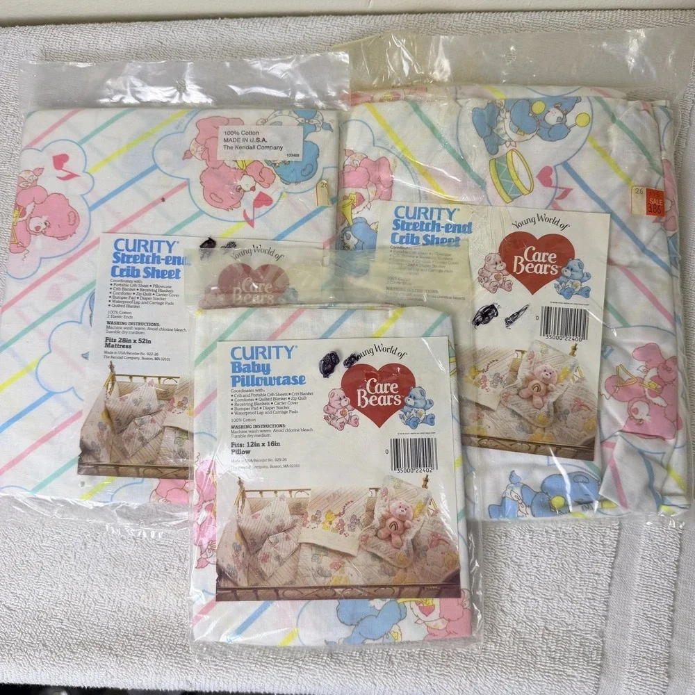 VTG 2 Bassinet Fitted Sheet & 1 Pillow Case CARE BEAR Baby Bedding 1980s